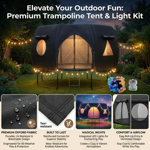 12 Ft Round Trampoline Tent Cover For 12 Ft Frames, Fits 8 Curved Poles With LED Lights at night in a backyard setting