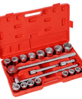Heavy Duty 3/4 inch Drive Impact Socket Set With Ratchet Handle And Breaker Bar Featuring 21 Piece SAE Range From 7/8 To 2 Inches For Tough Truck Farm Equipment Jobs, red case open