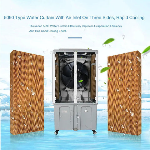 High Capacity Evaporative Air Cooler With A Massive 90 Liter Water Tank And Three Quick Speeds, showing 5090 water curtain for rapid cooling.