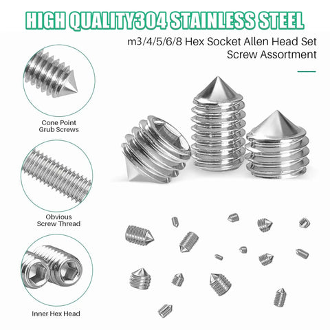 520Pcs Metric Allen Socket Set Screws Kit M3 To M8 In Durable 304 Stainless Steel Hex Head With 5 Hex Wrenches Diagram