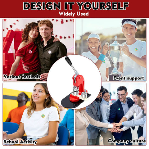 Collage of events and All In One Button Maker Kit with 25mm 32mm and 58mm molds, badge maker set for various occasions.