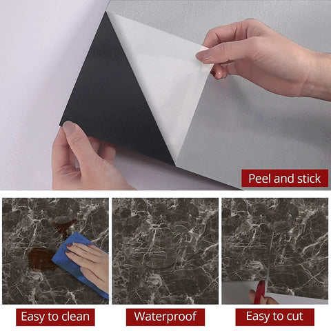 Brown Marble Vinyl Floor Tile 12x12 Inch Peel And Stick Self Adhesive Flooring showing easy installation, cleaning, and cutting features.