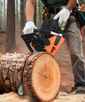 Person using Heavy Duty Gas Chainsaw With 20 Inch Bar And 62cc Two Stroke Engine Delivers 3.8 HP Power Dual Fuel Tanks Non Slip Handle For Wood Cutting Tree Trimming And Land Clearing on a log.