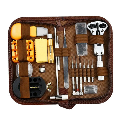 168 Piece Watch Repair Tool Kit With Spring Bar Tools, 5 Extra Pins, Adjustable Set in brown storage case