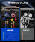 Comparison of 4 Way Automotive AC Manifold Gauge Set With Hoses, Quick Couplers vs regular gauges, highlighting features.