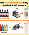 Comparison of sublimation ink and regular ink for heat transfer on tumblers. Use sublimation ink only with heat press machine for best results.