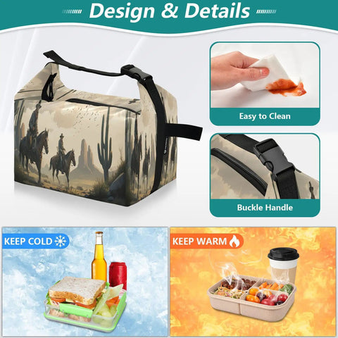 Cowboy Desert Themed Insulated Lunch Bag Tote for Women and Men with buckle handle, showing design details and temperature control.