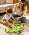 Two Player Wireless Track Motion Toy With Realistic Speed Sensing For Immersive Family Racing Fun Interactive Motion Game Competitive Or Cooperative Modes Easy Setup Keeps Everyone Active And Engaged, woman and child playing on carpet