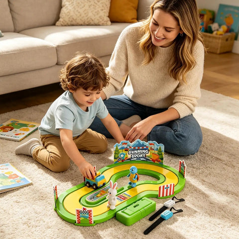 Two Player Wireless Track Motion Toy With Realistic Speed Sensing For Immersive Family Racing Fun Interactive Motion Game Competitive Or Cooperative Modes Easy Setup Keeps Everyone Active And Engaged, woman and child playing on carpet