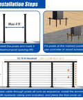 Installation steps for Black Cable Railing Post Kit With Handrail, Four Pack 36 Inch Level Posts, 206 ft of stainless wire rope.