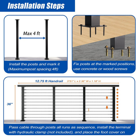 Installation steps for Black Cable Railing Post Kit With Handrail, Four Pack 36 Inch Level Posts, 206 ft of stainless wire rope.