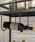 Close-up of two-tone mobile bar cart with wine and glass holders, featuring wine rack, rolling bar cart for dining room and kitchen.