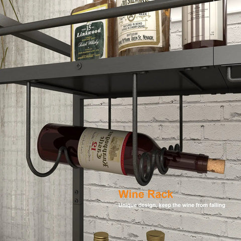 Close-up of two-tone mobile bar cart with wine and glass holders, featuring wine rack, rolling bar cart for dining room and kitchen.