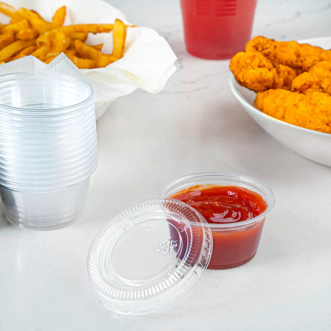 No Fuss Grab And Go Disposable Plastic To Go Cup Set With Tight Snap Lids Mini Two Ounce Fifty Pack Bpa Free Spill Proof Sauce Condiment And Jello Shot Containers For Tailgates