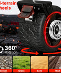 Close-up of all terrain wheel with brake on Collapsible Wagon Cart Foldable 600Lbs Heavy Duty Utility Wagon