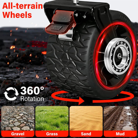 Close-up of all terrain wheel with brake on Collapsible Wagon Cart Foldable 600Lbs Heavy Duty Utility Wagon