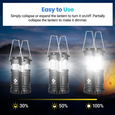 Three black Four Pack LED Camping Lanterns For Power Outages And Emergencies, Battery Operated, showing varying brightness levels.