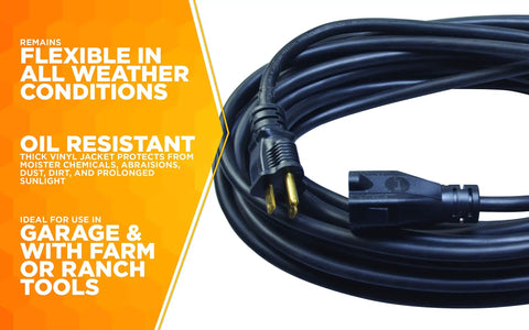 Heavy Duty Outdoor Extension Cord 50 Ft 14 Gauge 3 Conductor, Oil Resistant Vinyl Jacket, All Weather Flex, UL Listed, coiled