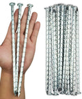 Heavy Duty 50 Pack Galvanized Landscape Stakes 10 Inch Spiral Spikes displayed with hand for size comparison