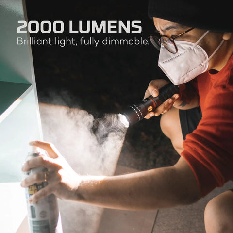 Person using SLYDE KING 2K Rechargeable LED Flashlight With 4X Zoom Spotlight Or Floodlight for enhanced brightness while painting.