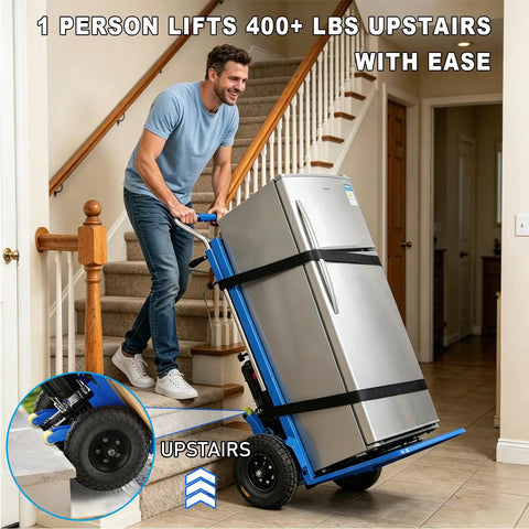 Heavy Duty Electric Stair Climbing Dolly 900 Lbs Capacity moving a fridge upstairs effortlessly.