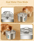 Stainless Steel Cat Water Fountain 74oz Automatic Pet Water Dispenser No Spill Drinking Fountain showing dual flow mode with a cat.