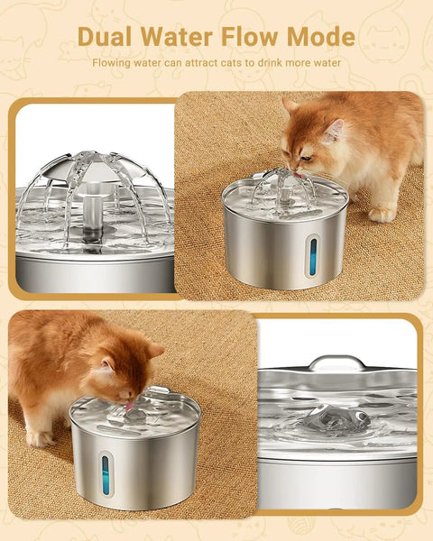 Stainless Steel Cat Water Fountain 74oz Automatic Pet Water Dispenser No Spill Drinking Fountain showing dual flow mode with a cat.