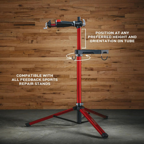 Universal Bike Repair Stand Tool Tray With 27 Tool Slots, Magnetic Parts Tray, installed on red repair stand