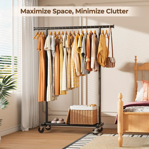 Heavy Duty Rolling Clothes Rack Featuring Smooth Swivel Casters No Sweat Assembly Portable Metal Wardrobe Stand Real Game Changer For Bedroom Laundry Or Living Room Sleek Black Finish