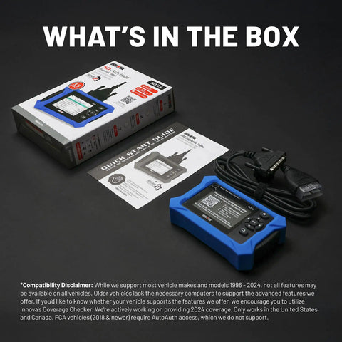 OBD2 Scanner For All Systems With Live Data Readout Clears Check Engine, ABS, SRS And TPMS Codes And Tests Your Battery And Alternator, product box, scanner, and manual.