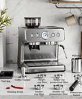 Top Shelf Espresso Machine With Built In Grinder And 20 Bar Pressure Sleek Milk Frother For Creamy Lattes And Perfect Cappuccinos 30 Precise Grind Settings Brushed Silver Finish on kitchen counter