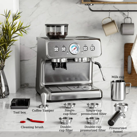 Top Shelf Espresso Machine With Built In Grinder And 20 Bar Pressure Sleek Milk Frother For Creamy Lattes And Perfect Cappuccinos 30 Precise Grind Settings Brushed Silver Finish on kitchen counter