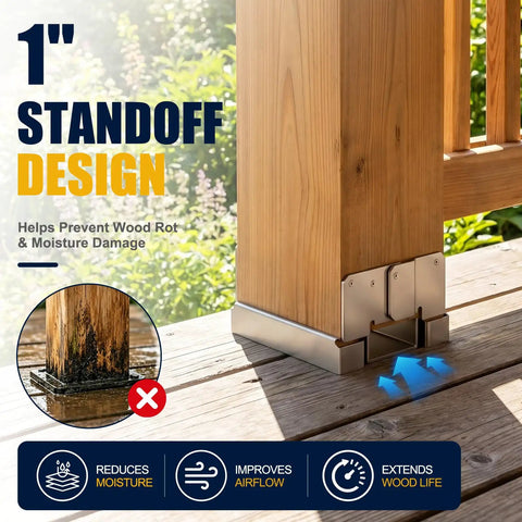 Heavy Duty 4x4 Post Base for Concrete Foundations, Galvanized Steel Outdoor Bracket Set of 6, 1" standoff on deck post