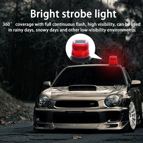 Solar Strobe Warning Light With Magnetic Base Waterproof LED Beacon placed on car roof, red 360 degree flashing in low visibility