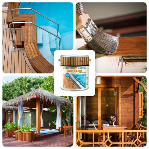 Heavy Duty Water Based Semi Transparent Exterior Wood Stain With UV Defense And Moisture Block For Decks Pergolas Fences And Siding Built To Hold Up Mighty Fine In Warm Chestnut applied on a wooden deck near a pool.