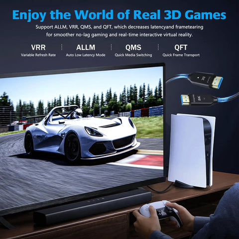 Badass 8K HDMI Fiber Optic Cable 50FT 15M Extended Range Unidirectional Link Ultra High Speed 48Gbps connected to gaming console.