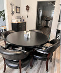 Dining room with chairs featuring 2 Inch Grip Ring Swivel Ball Caster Wheels For Furniture Rolling Chairs Office Chairs Dining Chairs Antique Brass Finish Durable Steel And PP Pack Of 4 Quiet Smooth Wheels With Floor Protection For Hardwood Laminate And Tile Surfaces.