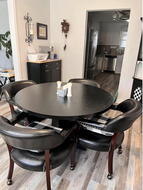 Dining room with chairs featuring 2 Inch Grip Ring Swivel Ball Caster Wheels For Furniture Rolling Chairs Office Chairs Dining Chairs Antique Brass Finish Durable Steel And PP Pack Of 4 Quiet Smooth Wheels With Floor Protection For Hardwood Laminate And Tile Surfaces.