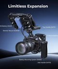 Monitor Cage Kit For Atomos Ninja TX And TX GO with top handle, battery mounting system, and camera setup on tripod.