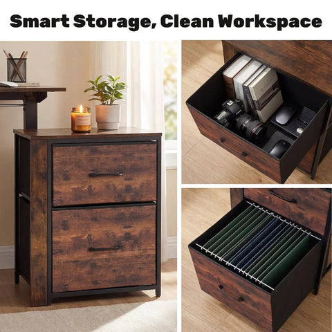 Smooth Electric Sit Stand Desk Offers Effortless Motorized Height Adjustment For Ultimate Ergonomic Home Office Setup With Roomy 46 Inch Surface For Monitors And Laptops, showcasing compact storage cabinet with two drawers.