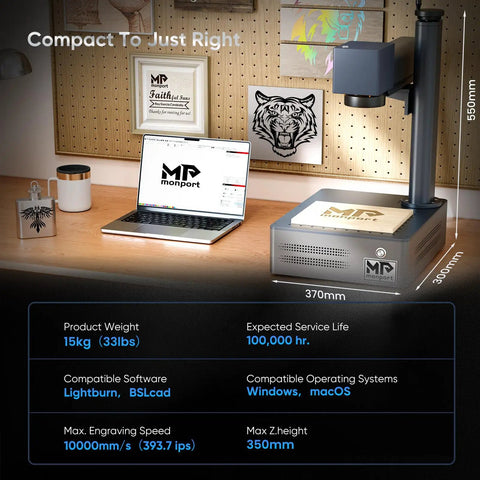 Desk setup with 20W Fiber Laser Engraver With Rotary Axis LightBurn Compatible Metal Marking Machine, laptop, and wall art in workspace.