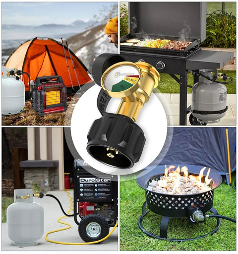 Propane Tank Gauge For RV And Camper Use, Barbecue Grill, Heater, And Fire Pit With Luminous Dial And Real Time Remaining Quantity Monitor, Easy QCC1 Type1 Connection, No Guesswork on brass gauge