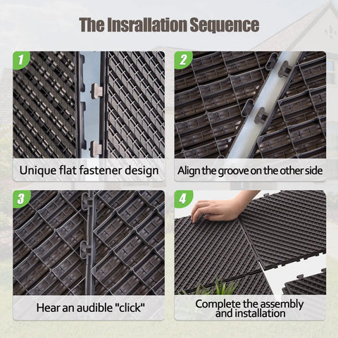 Interlocking Deck Tiles 27 Pack Outdoor Flooring 12 By 12 Inch Plastic Tiles DIY Friendly All Weather Waterproof Patio Pavers installation steps.