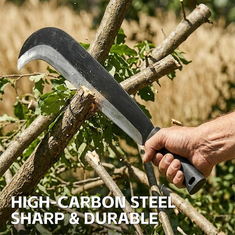 Person using Beastly Heavy Duty Yard Work Machete With Curve Blade For Cutting Trees And Brush Clearing Billhook Sickle Garden Tool