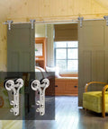 16ft Barn Door Hardware Sliding Track Kit Stainless Steel Heavy Duty For Double Wood Doors With Y Shape Hangers installed in room