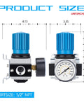Heavy Duty 1/2 In NPT High Pressure Air Regulator With Steel Protected Gauge, side and front view dimensions shown