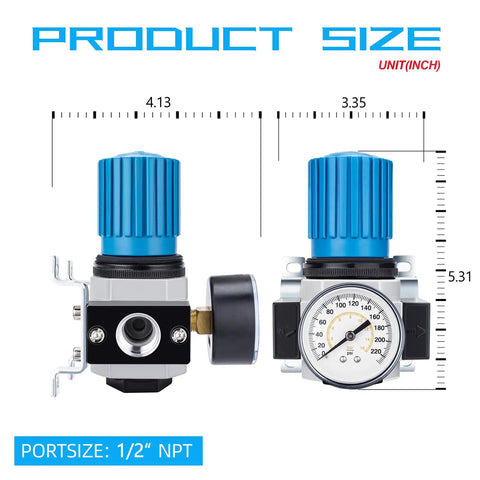 Heavy Duty 1/2 In NPT High Pressure Air Regulator With Steel Protected Gauge, side and front view dimensions shown