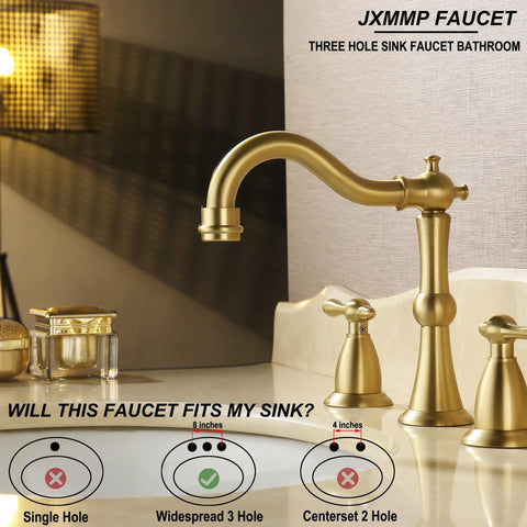 Gold three-hole bathroom faucet with dual handles on a white vanity, elegant design
