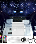 Car interior with Starlight Headliner Kit With RGBW Fiber Optic Lights, showing twinkle star ceiling effect and control options.