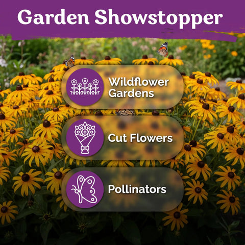 Top Shelf 10000 Black Eyed Susan Heirloom Flower Seeds For Planting display with vibrant yellow daisies and pollinators in garden backdrop.